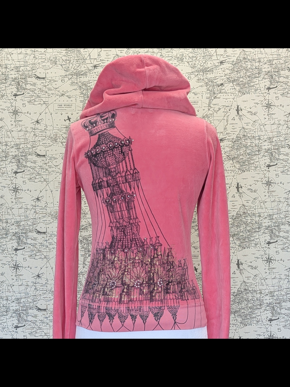 RARE Vintage Y2K Juicy Couture Pink Velour Chandelier Rhinestone Hoodie Small - Picture 2 of 7